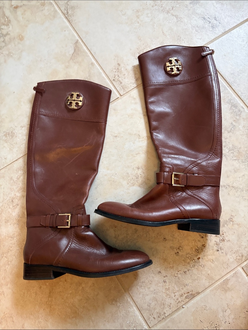 Tory Burch Brown Leather Knee-High Riding Boots with Gold Logo